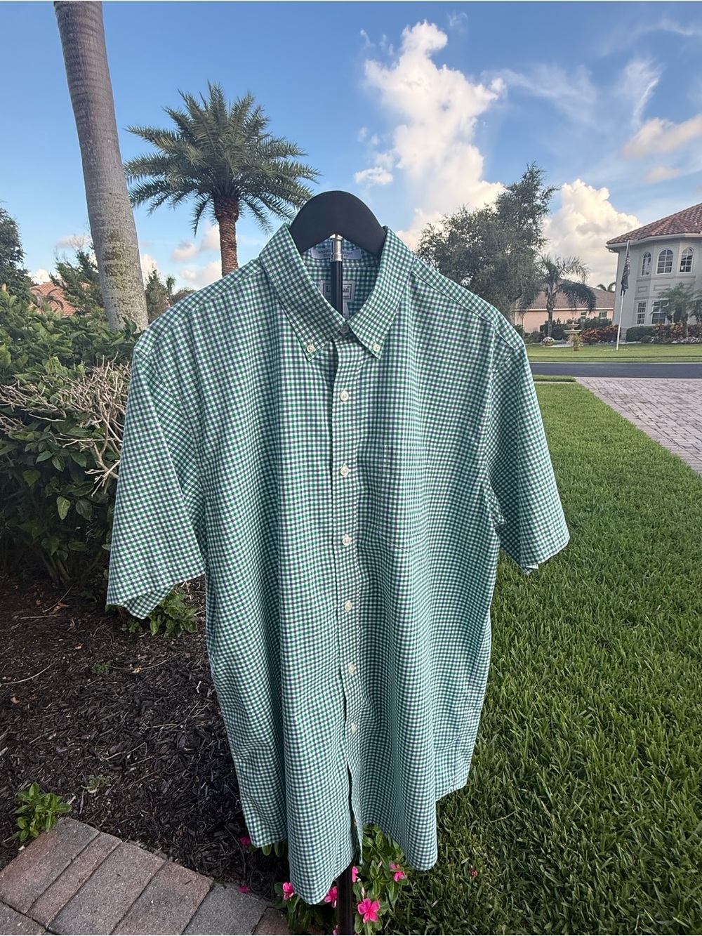 L.L. Bean Teal and White Gingham Short-Sleeve Button-Down Shirt